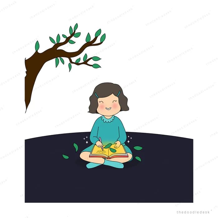Girl in teal sitting cross-legged on dark ground reading an open book under a leafy branch