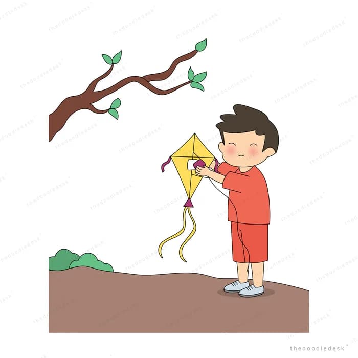 Boy in red pulling his kite free from the tree branch