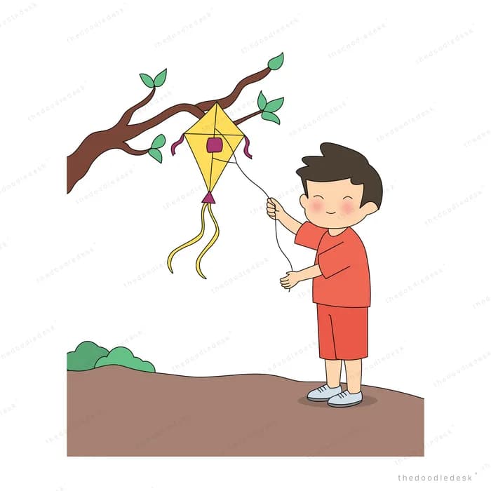 Boy in red holding his recovered kite below the branch