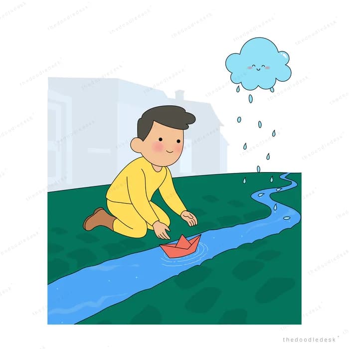 Boy launching a red paper boat onto the flooded blue street in the rain