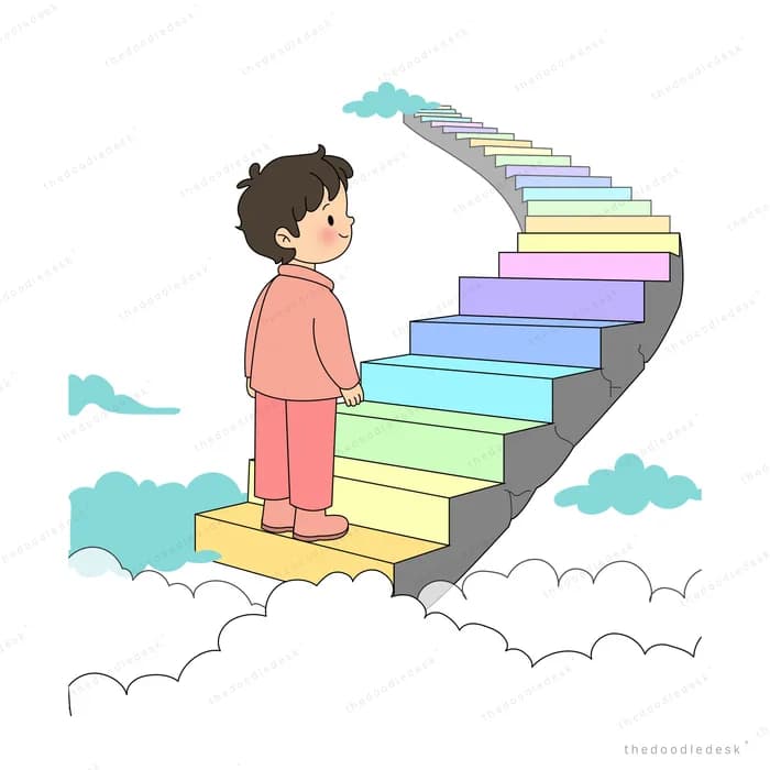 Child in pink climbing a staircase whose steps turn pastel rainbow colours among clouds