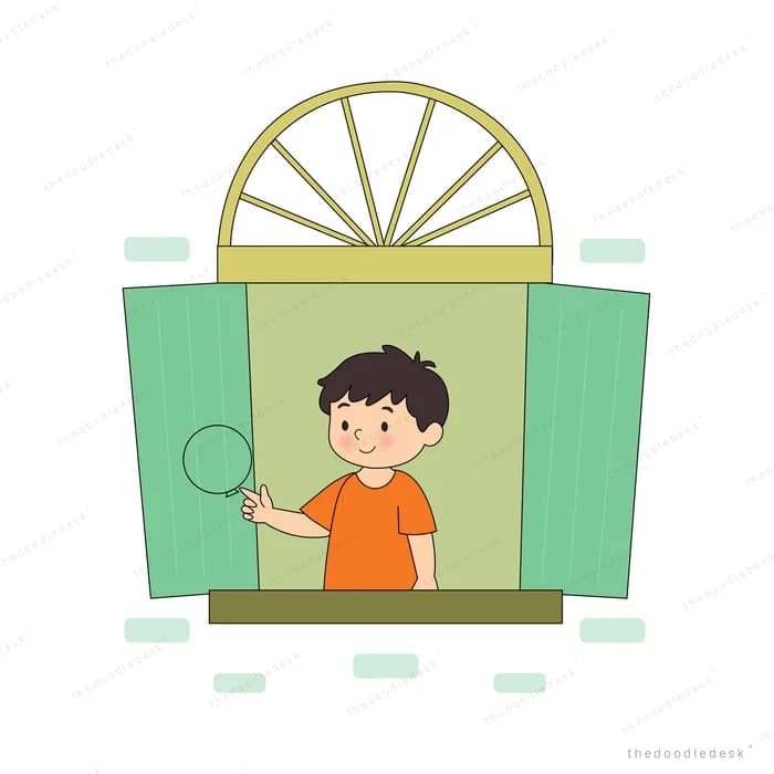 Boy in orange leaning out of a green shuttered window holding a bubble wand
