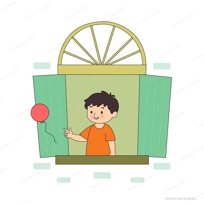 Boy at a green shuttered window watching a red balloon float away