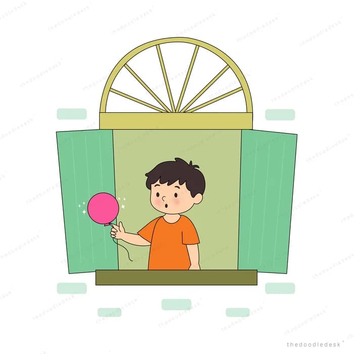 Boy at a green shuttered window holding a pink balloon on a string