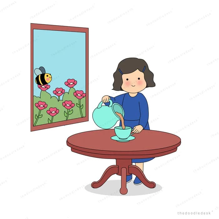 Woman in blue pouring from a glass teapot at a round red table below a framed bee picture