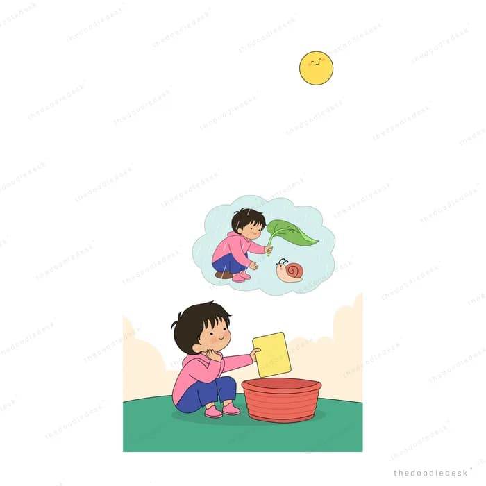 Girl in pink with a basin and cloth imagining herself planting a seedling