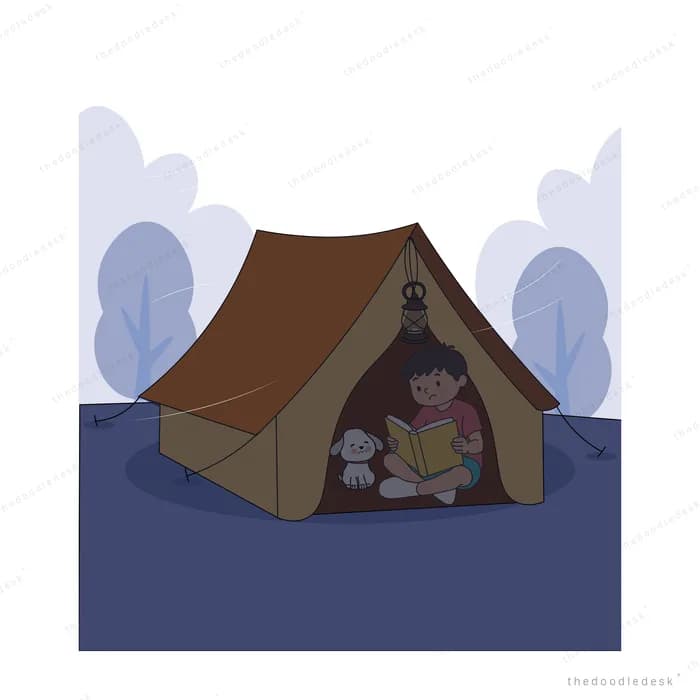 Children sitting inside a dark brown tent at dusk
