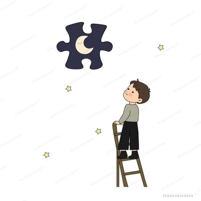 Boy standing on a ladder looking up at a floating navy puzzle piece with a crescent moon