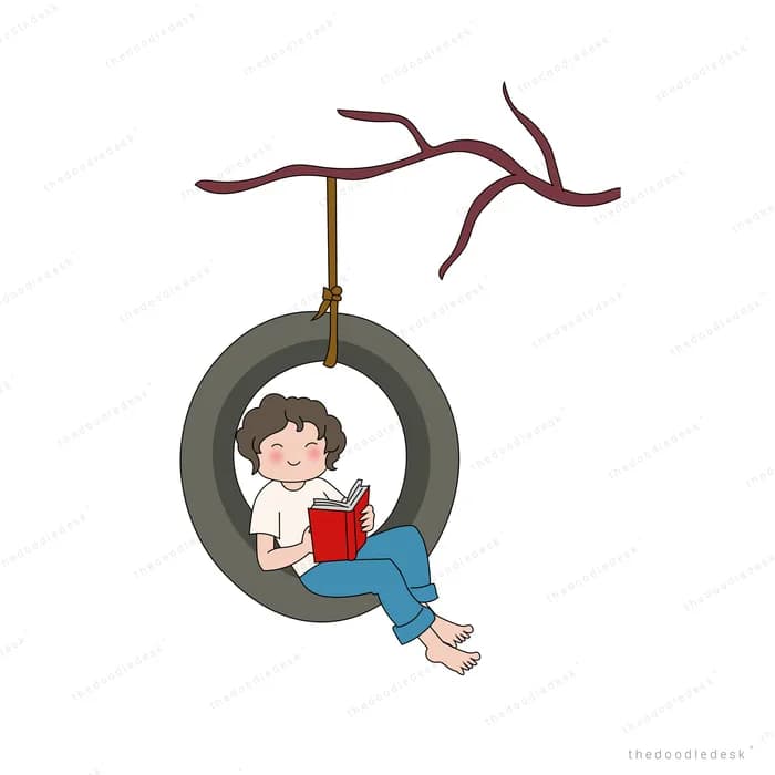 Boy reading a red book while lounging inside a hanging tyre swing under a maroon banner