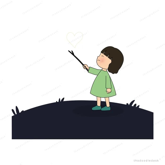 Girl on a dark grassy hill raising a stick toward the night sky