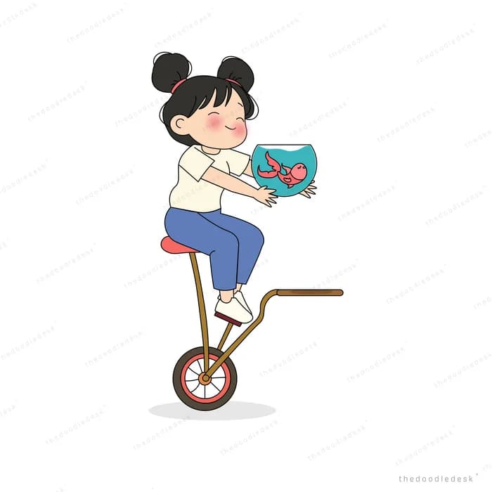 Girl hugging a fish bowl while perched on a wheelbarrow