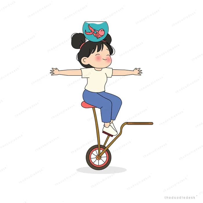Girl balancing a fish bowl on her head with arms spread on a wheelbarrow