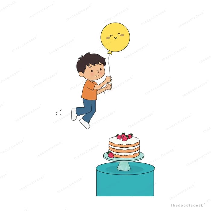 Boy holding a smiling yellow balloon while skipping past a cake on a stand