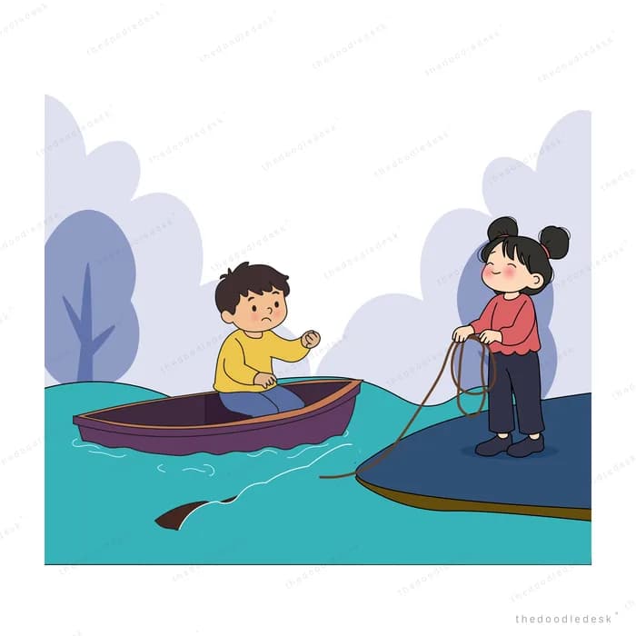 Girl on the bank holding a line to a boy sailing his orange-sailed boat