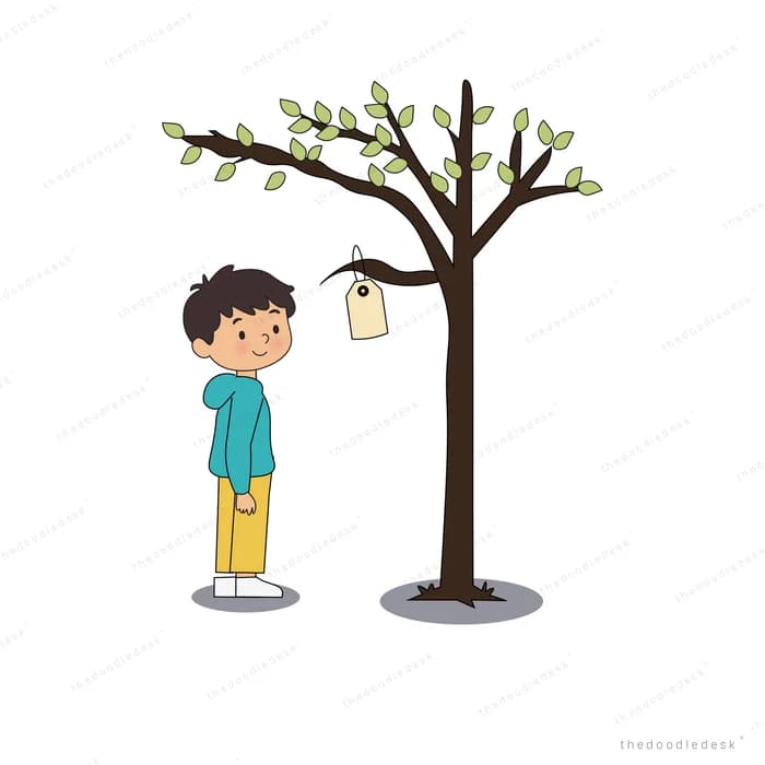 Boy looking up at the paper tag he hung from a slender tree