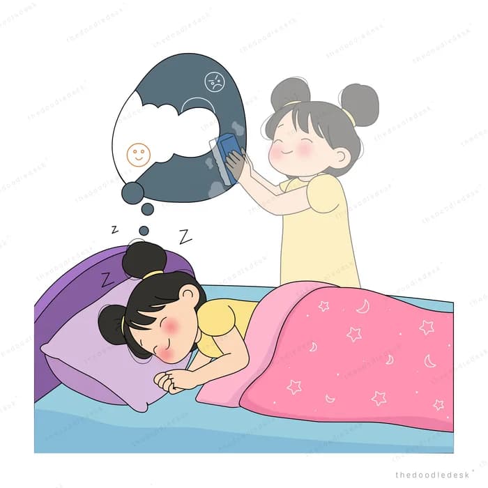 Caped girl flying out of a sleeping girl's dark dream cloud to clear it