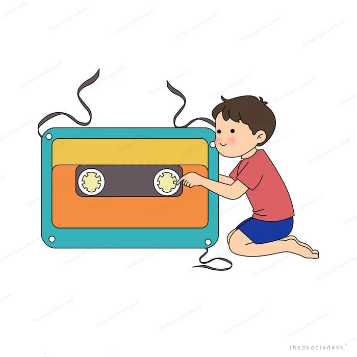 Boy pushing a giant cassette tape with its ribbon spooling out behind