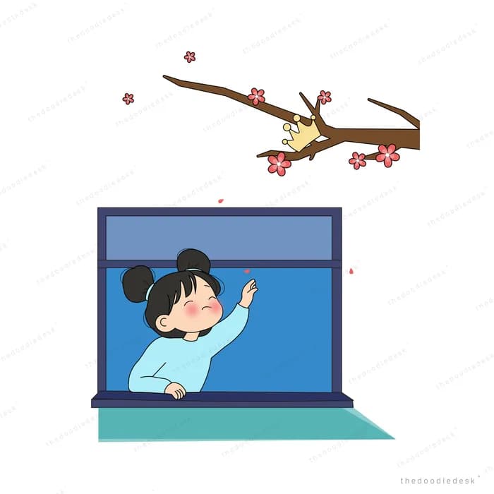 Girl reaching out of a laptop screen toward a cherry blossom branch