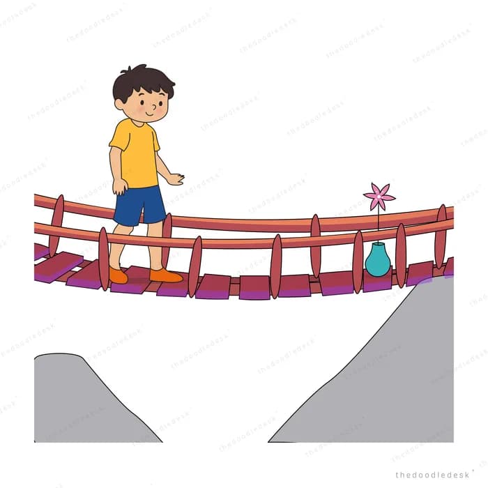 Boy walking across a rope bridge strung between two rocky cliffs