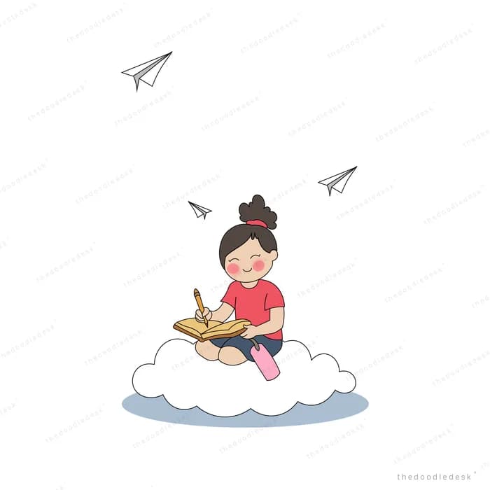 Boy sitting on a cloud playing as paper planes and birds circle him