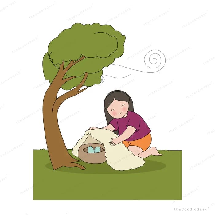 Girl kneeling to gather torn paper under a tree bent by the wind