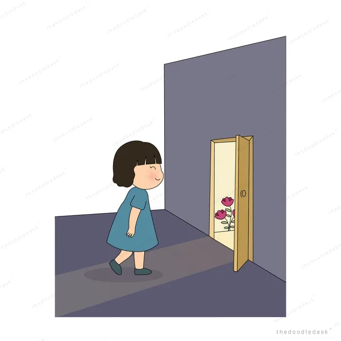 Girl standing in a dim room facing a door opening onto light