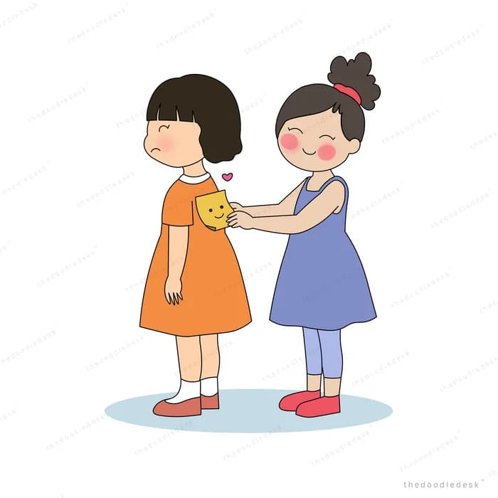 Two girls facing each other holding hands, one comforting the other