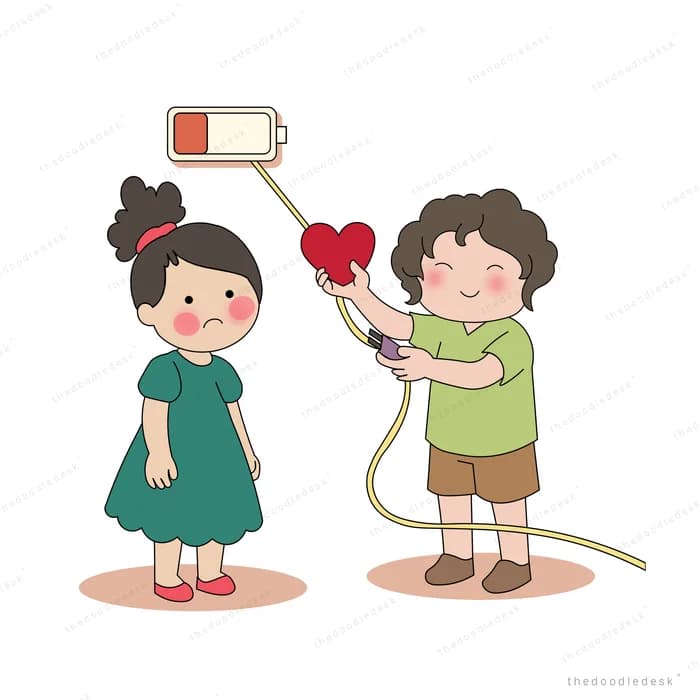 Boy offering a red heart on a stick to a sad girl beneath a battery icon
