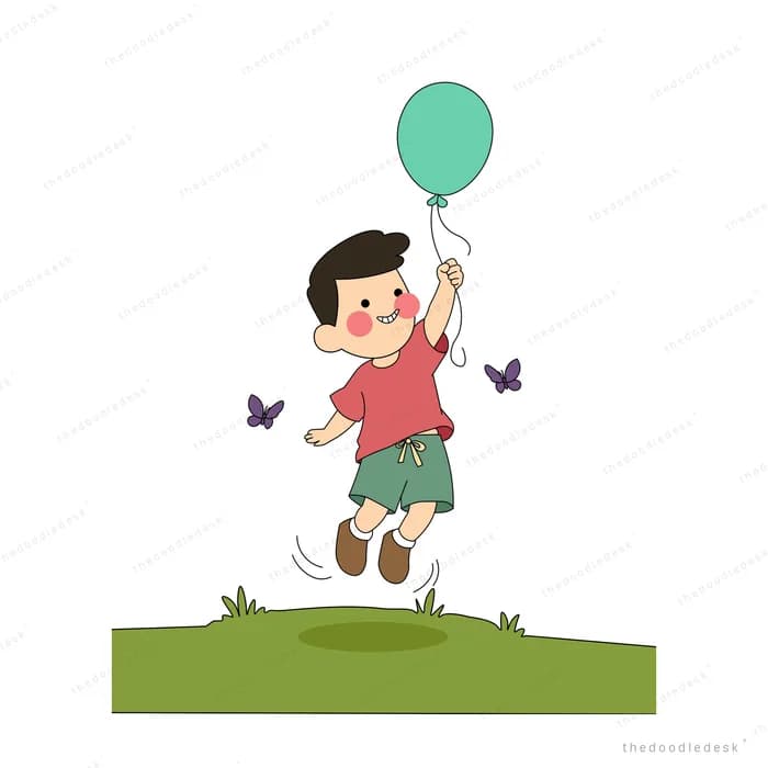 Boy in a red cape balancing on a leaf while holding a green balloon