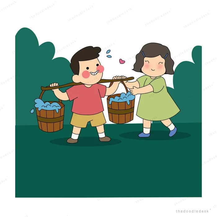 Two children carrying wooden buckets slung on a pole between them