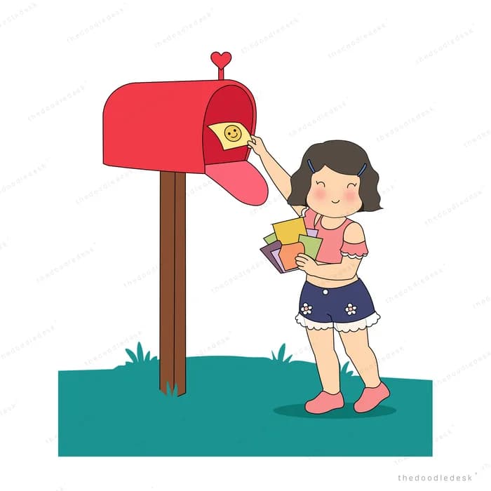 Girl posting a letter into a red mailbox with a heart above it