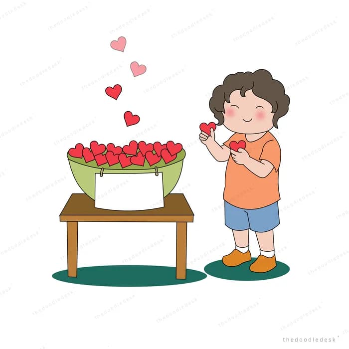 Boy picking a red heart from a crate of hearts on a market table