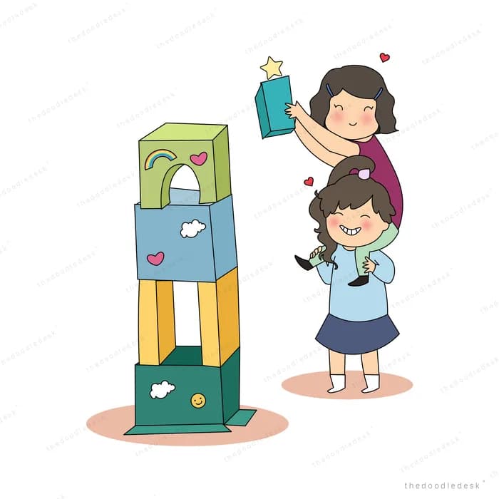 Children stacking tall gift boxes into a tower