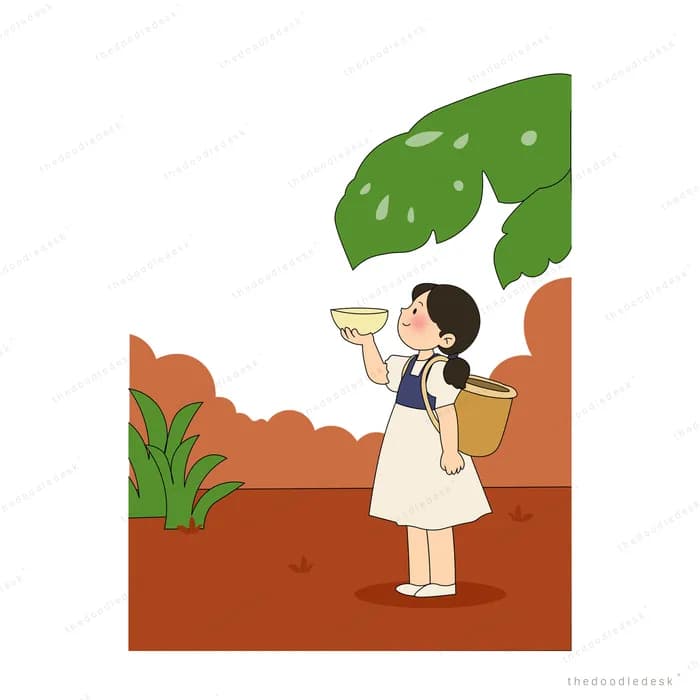 Girl standing under a huge green leaf holding a bucket