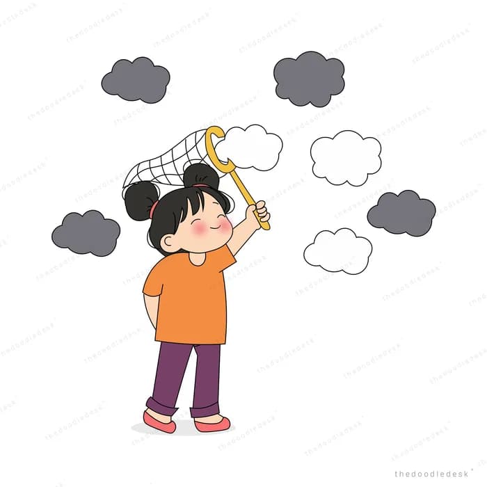 Boy swinging a butterfly net to catch grey clouds