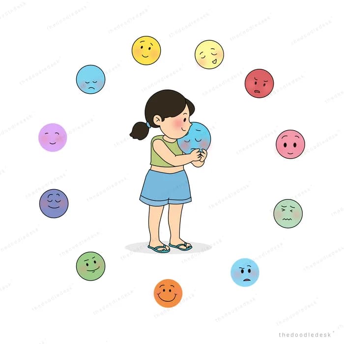 Girl standing inside a ring of coloured emoji faces
