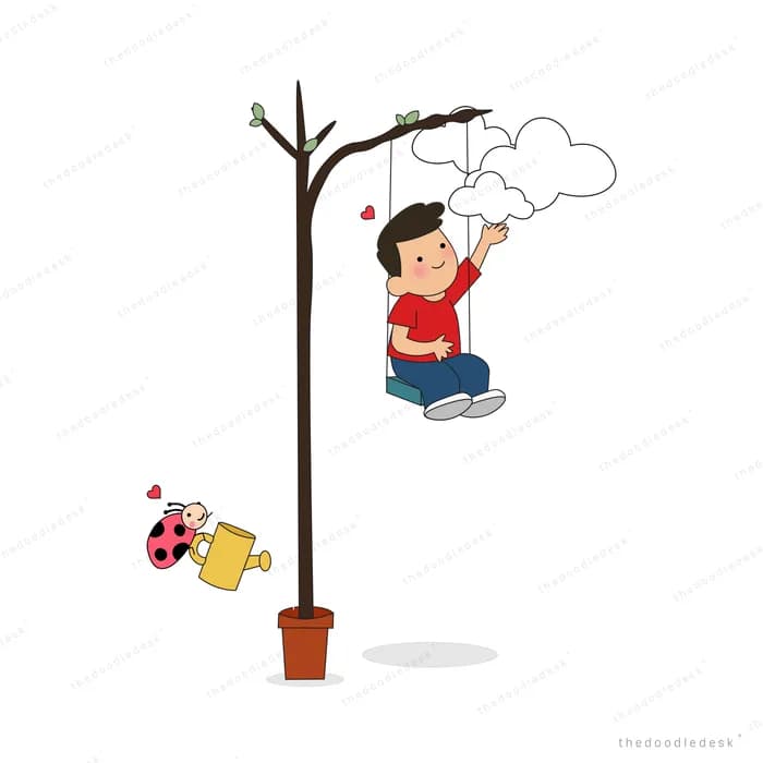 Boy swinging on a rope swing hung from a bare tree with a watering can below