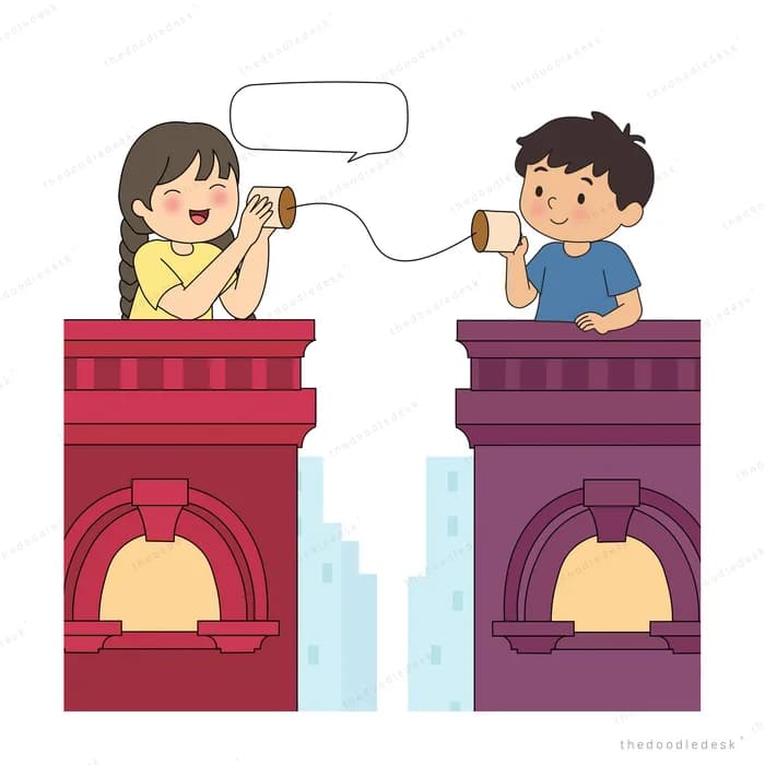 Girl and boy on facing rooftops talking through a tin can string phone