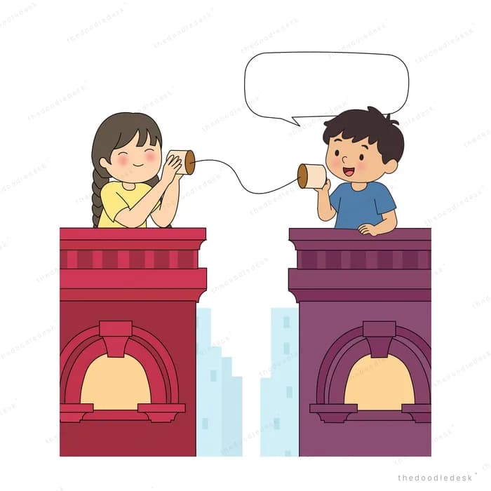 Girl and boy calling across rooftops with a blank speech bubble between them
