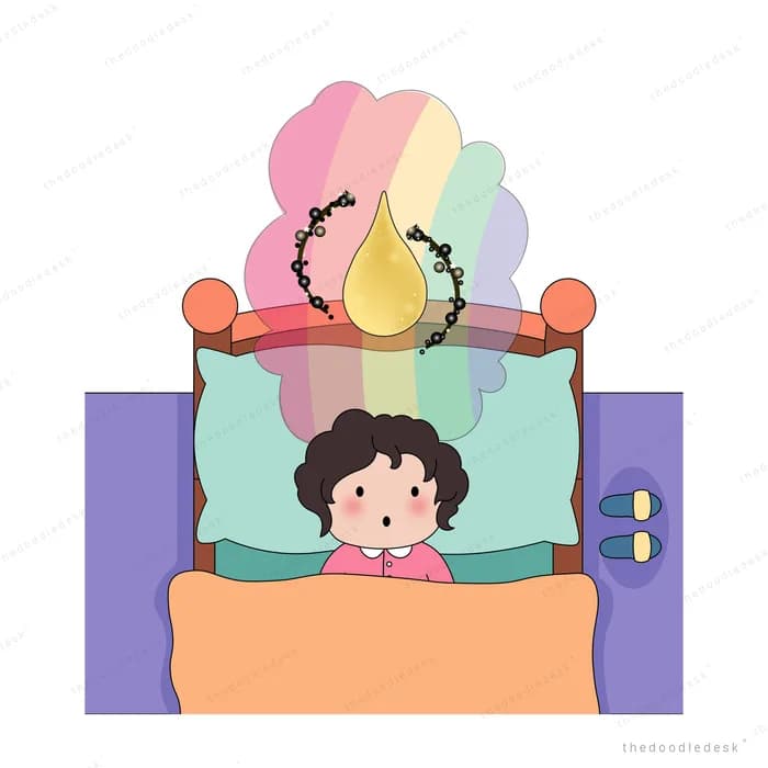 Girl lying in bed with a rainbow and colourful clouds rising overhead