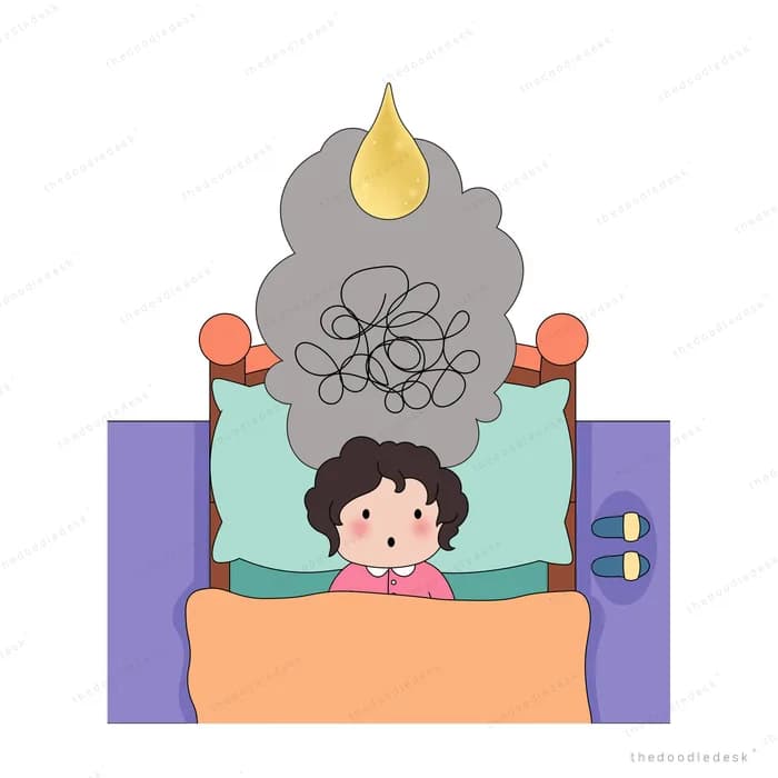 Girl lying in bed under a black scribble cloud with grey smoke and a drop
