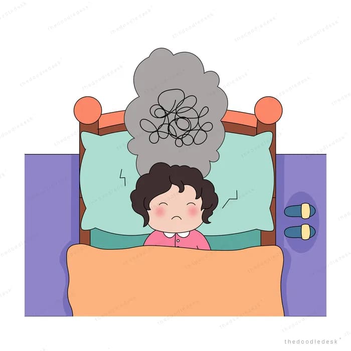 Girl awake in bed under a dark scribble cloud trailing grey smoke