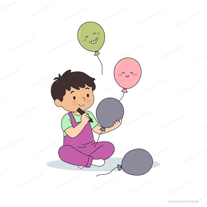 Boy seated holding a limp balloon while green and pink balloons float above