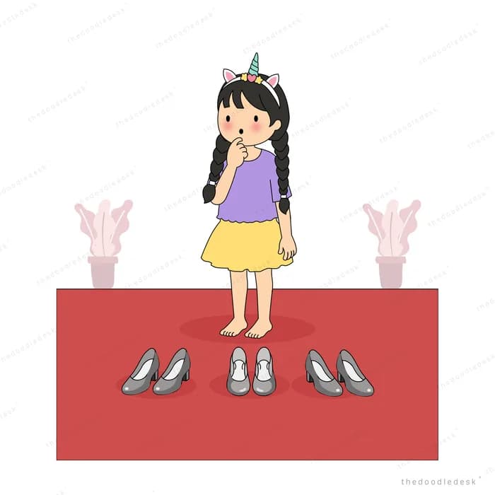 Girl stepping carefully between pairs of shoes on a red mat