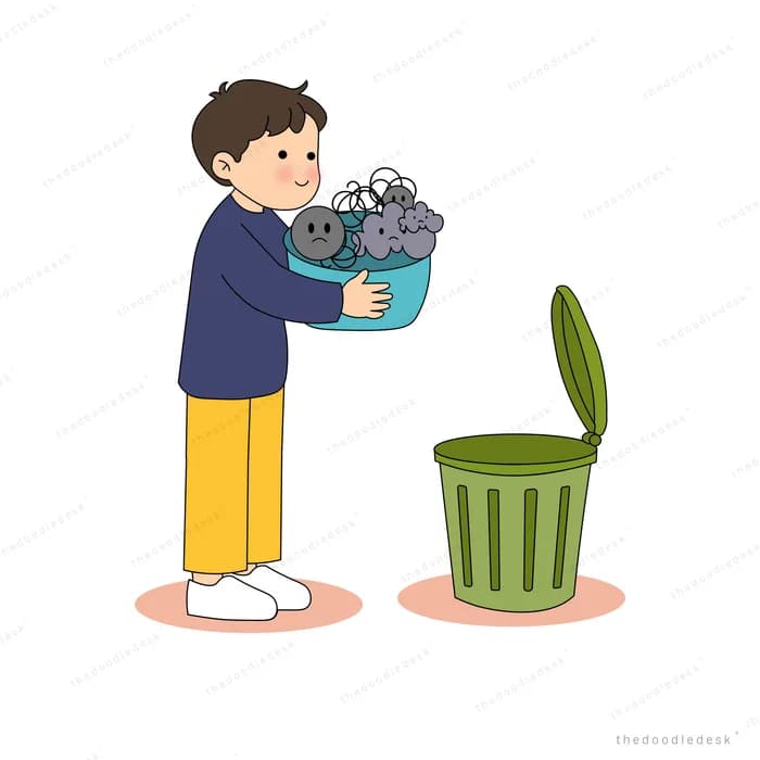 Boy carrying a bin full of dark scribbles toward a green trash can