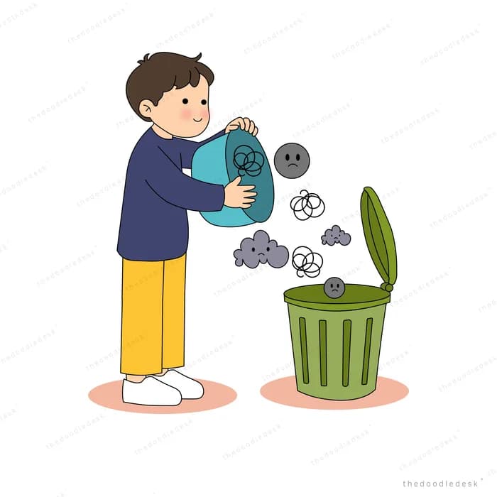 Boy emptying dark scribbles from a bin into an open green trash can