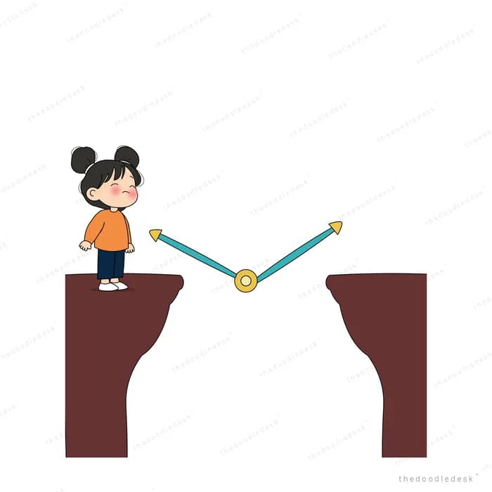 Girl on a cliff edge facing a thin wire strung across a gap