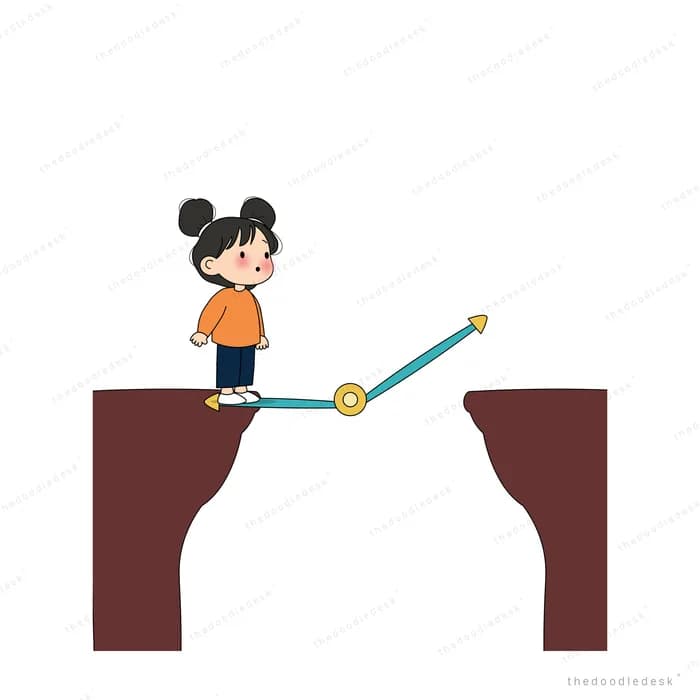 Boy standing on a cliff where the wire across the gap sags broken