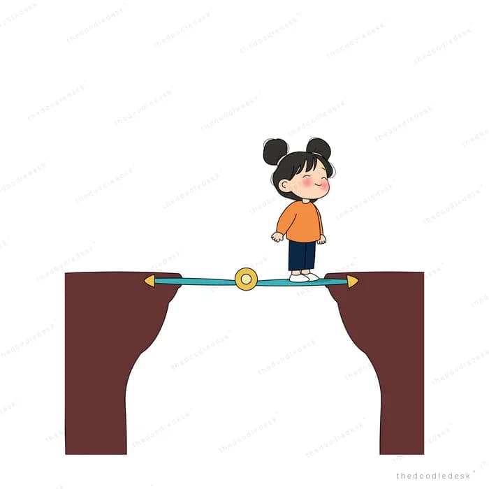 Child stepping onto a tightrope stretched between two cliffs