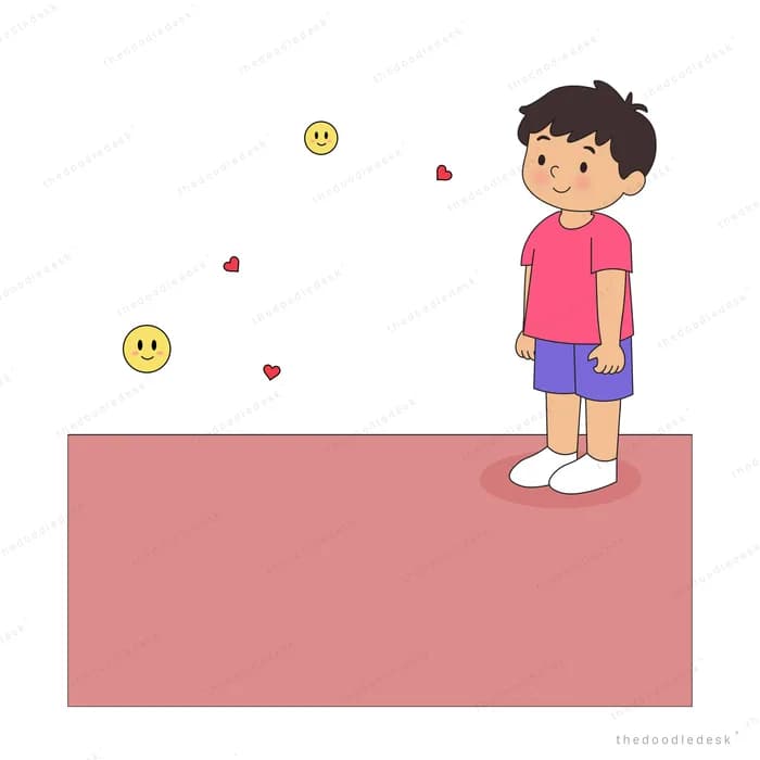Boy standing on a pink platform watching small smiley faces drift by